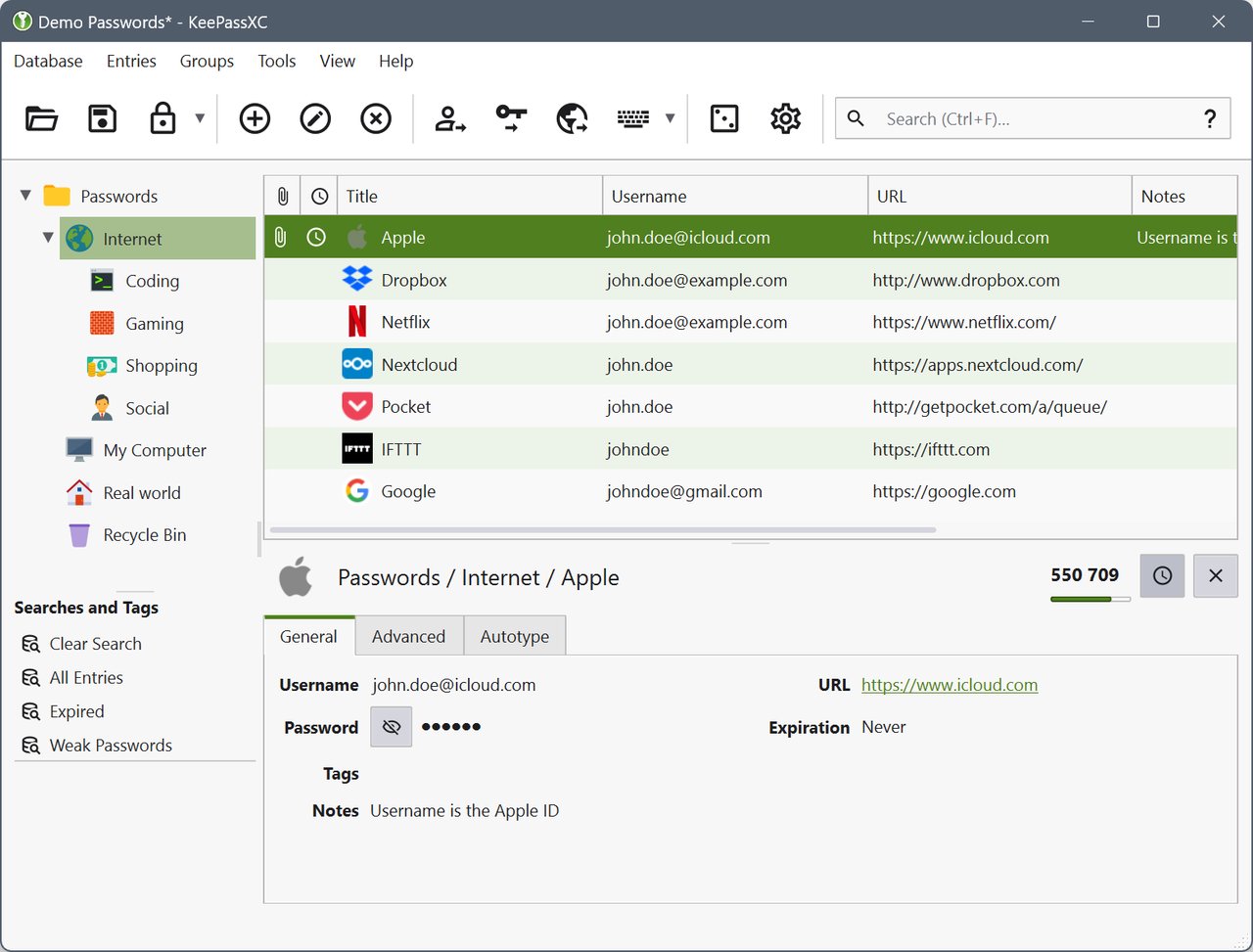 Main database view KeePassXC 主数据库视图,显示条目与分组