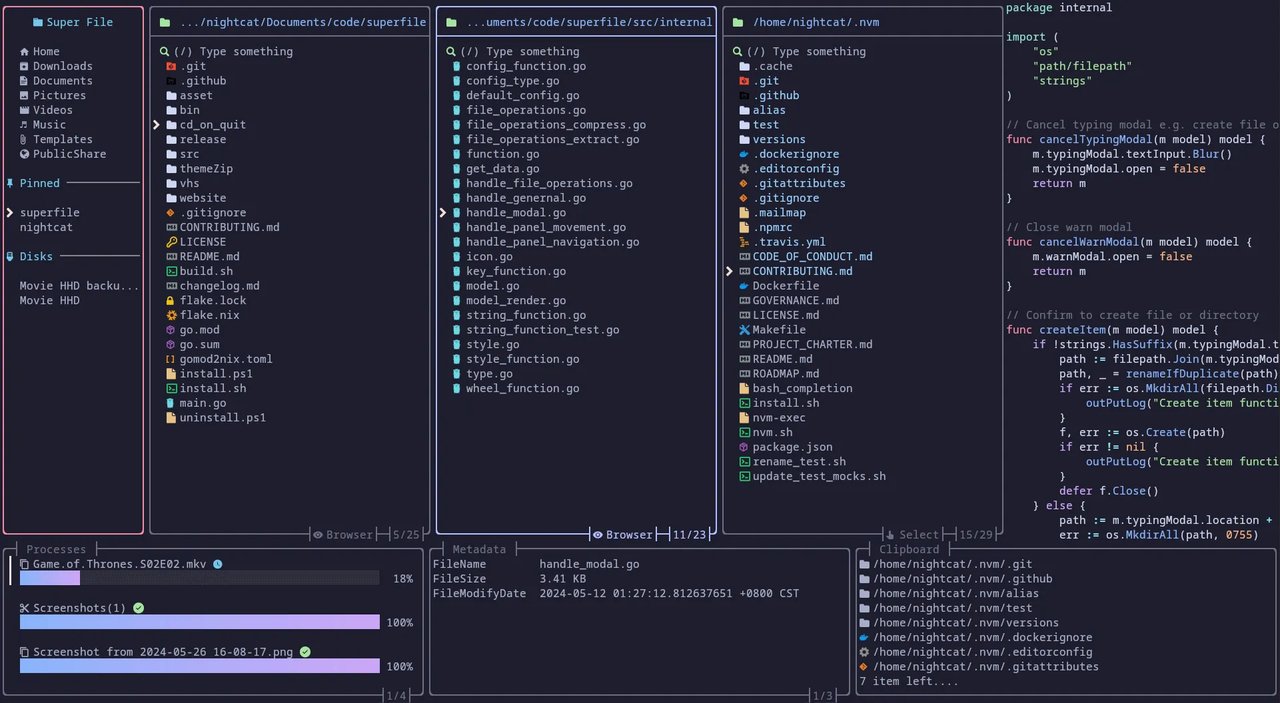 Superfile main interface Superfile main interface: sidebar with home folders, main file browser, and bottom panels for processes / metadata / clipboard