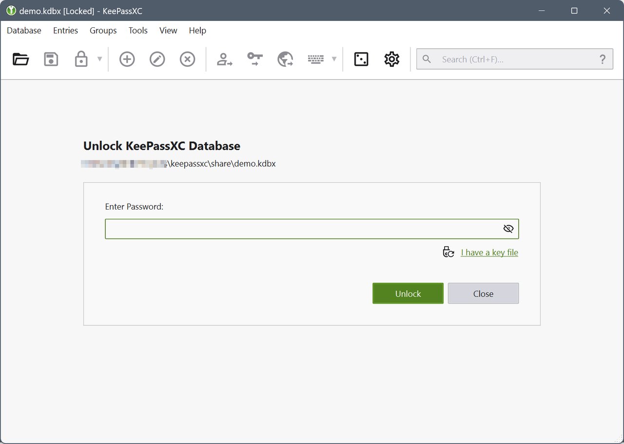 Unlock database KeePassXC 数据库解锁对话框