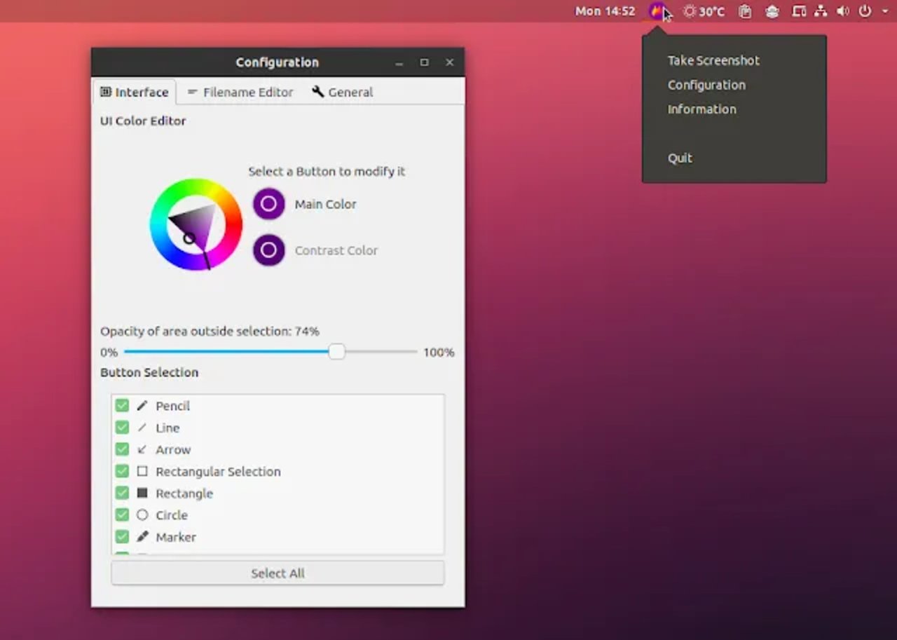 Flameshot configuration dialog for customizing appearance and shortcuts