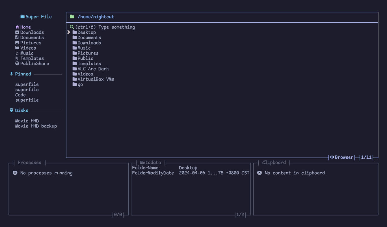 Multiple panels Superfile multiple-panel demo: four file panels side by side, with sidebar and bottom status row