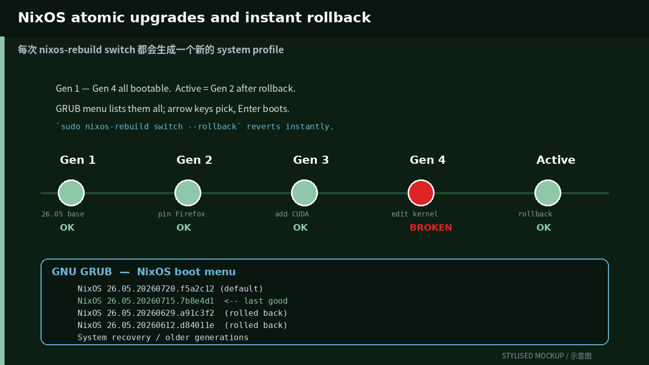 NixOS system 多代切换 timeline 与 GRUB 引导菜单示意图（stylised mockup — 官方截图不可用）