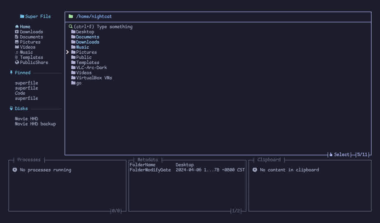 Selection mode Superfile selection mode: a single file highlighted in the file panel with metadata shown below