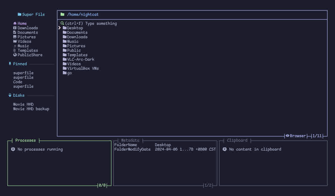 Panel navigation Superfile panel navigation: processes panel highlighted as active panel