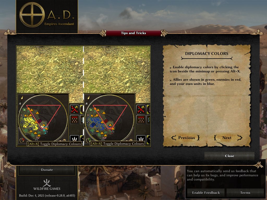 The in-game Tips and Tricks screen 0 A.D. Release 28 Tips and Tricks screen explaining diplomacy colours