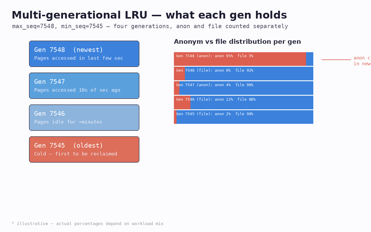 Mockup of the four-generation LRU distribution — anon clusters in newest two gens, file drifts older