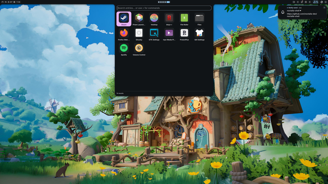 Noctalia dark theme with launcher open and notification panel expanded