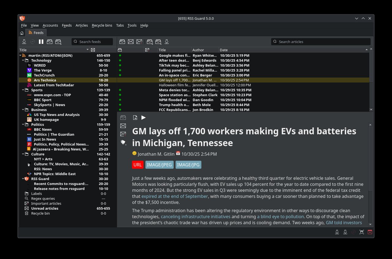RSS Guard main window on Linux