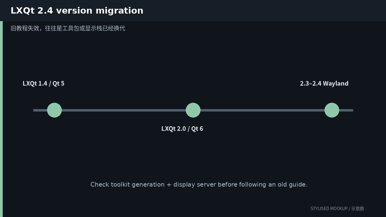 LXQt Version timeline / 版本时间线 (stylised documentation-based mockup)