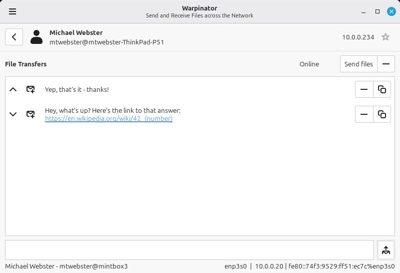 Warpinator text transfer Linux Mint 22.3 Warpinator 文本传输功能