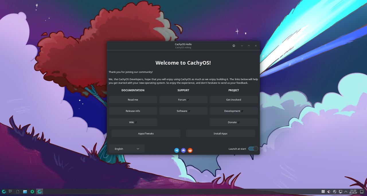 CachyOS KDE Plasma default desktop with the welcome dialog CachyOS KDE Plasma 欢迎界面,CaCachyOS Hello 启动对话框,动漫壁纸背景