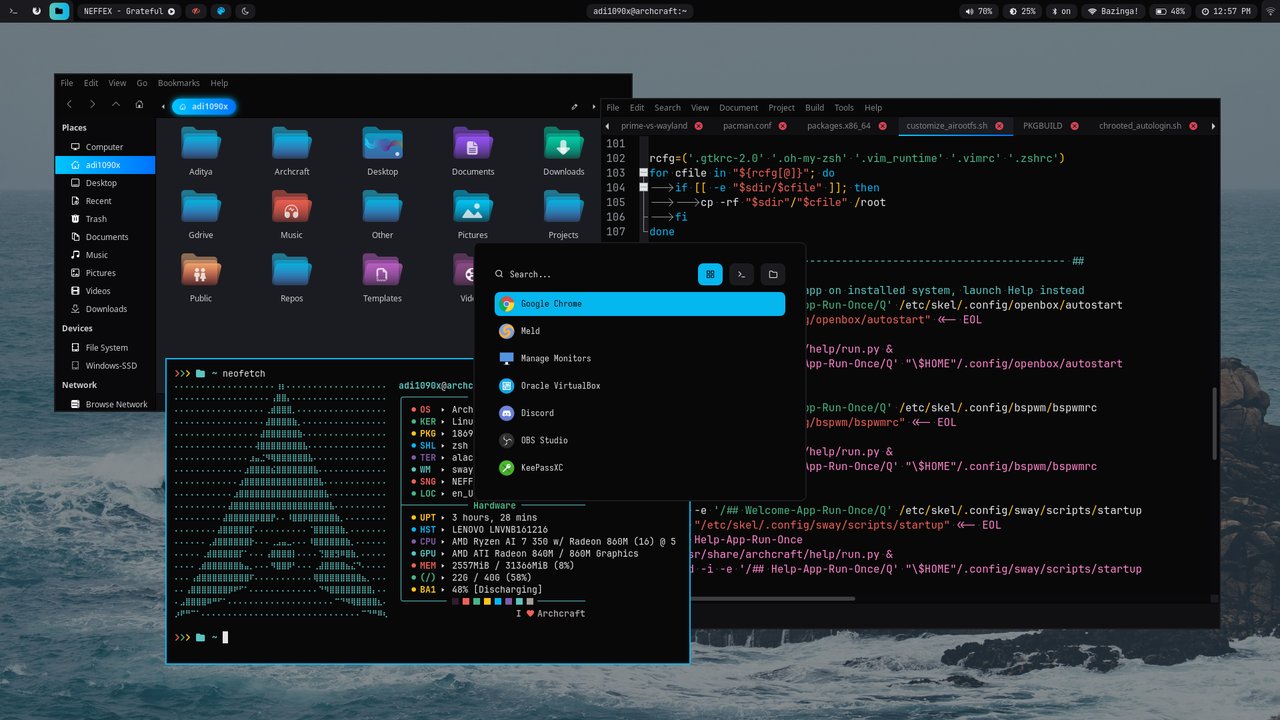 Sway Wayland session default style Archcraft 26.08 Sway Wayland desktop with pastel polybar and rounded windows