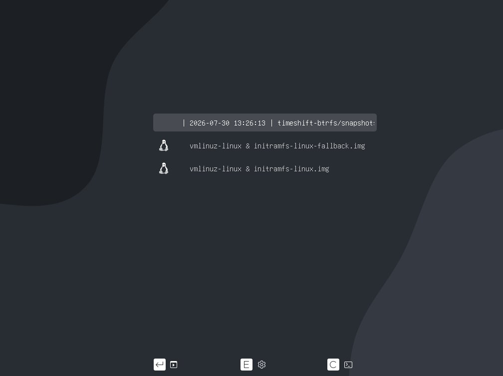 Btrfs snapshot boot integration GRUB boot menu with an automatically-registered Timeshift Btrfs snapshot entry