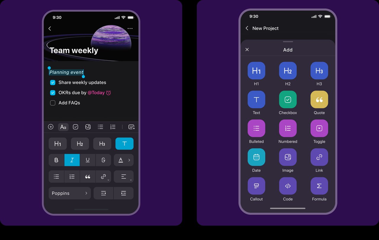 AppFlowy block picker on mobile AppFlowy mobile block picker menu showing heading, text, checkbox, quote, list, toggle, date, image, link, callout, code, and formula blocks