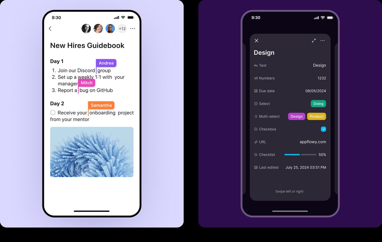 AppFlowy database row with all field types AppFlowy mobile record detail showing text, number, date, select, multi-select, checkbox, URL, and checklist field types