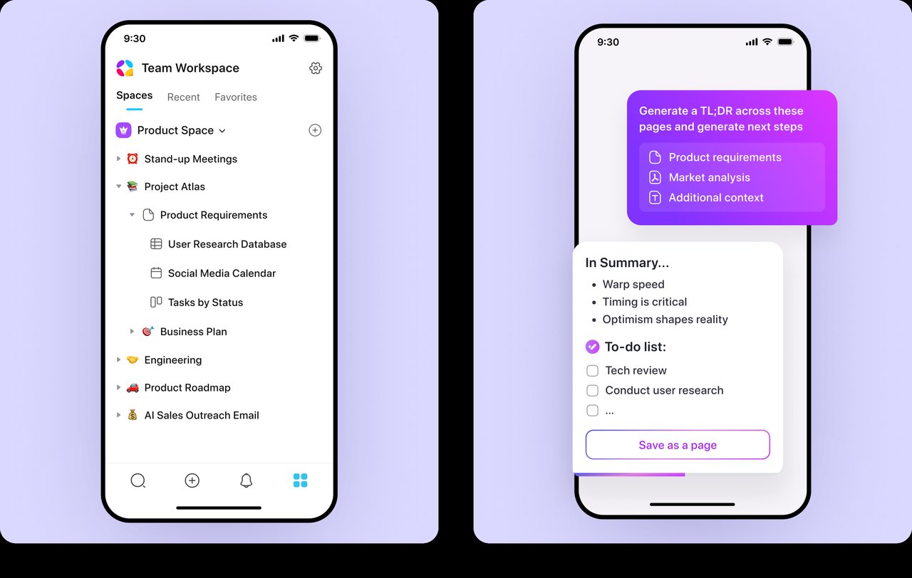 AppFlowy workspace with AI TL;DR AppFlowy workspace with sidebar navigation and an AI TL;DR summary panel on mobile