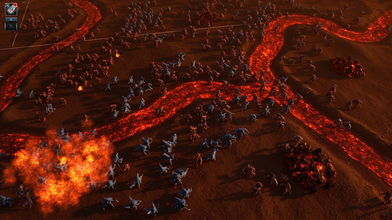 BAR late-game battle overview (AI-generated illustration) AI-generated top-down RTS battlefield: tiny blue Armada and red Cortex mech units clashing on a volcanic lava planet, in the style of Supreme Commander 2007 and Total Annihilation 1997, with a mini-map HUD in the corner. AI-generated illustration.