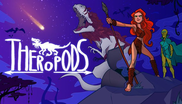 Theropods Steam 宣传图，主角身处像素风远古世界。