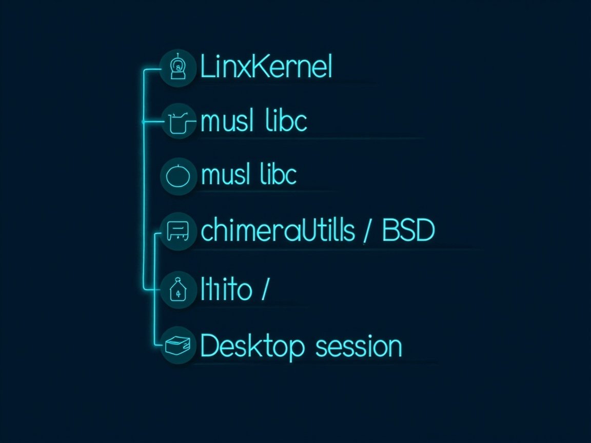 Chimera's component stack AI-generated architecture diagram of the Chimera Linux stack: Linux Kernel, musl libc, chimerautils BSD userland, Dinit, Desktop session