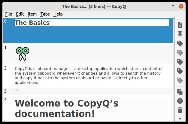 CopyQ main window — searchable clipboard history across custom tabs CopyQ 主窗口:可搜索的剪贴板历史列表,含文字片段、链接、图片缩略图,分标签展示