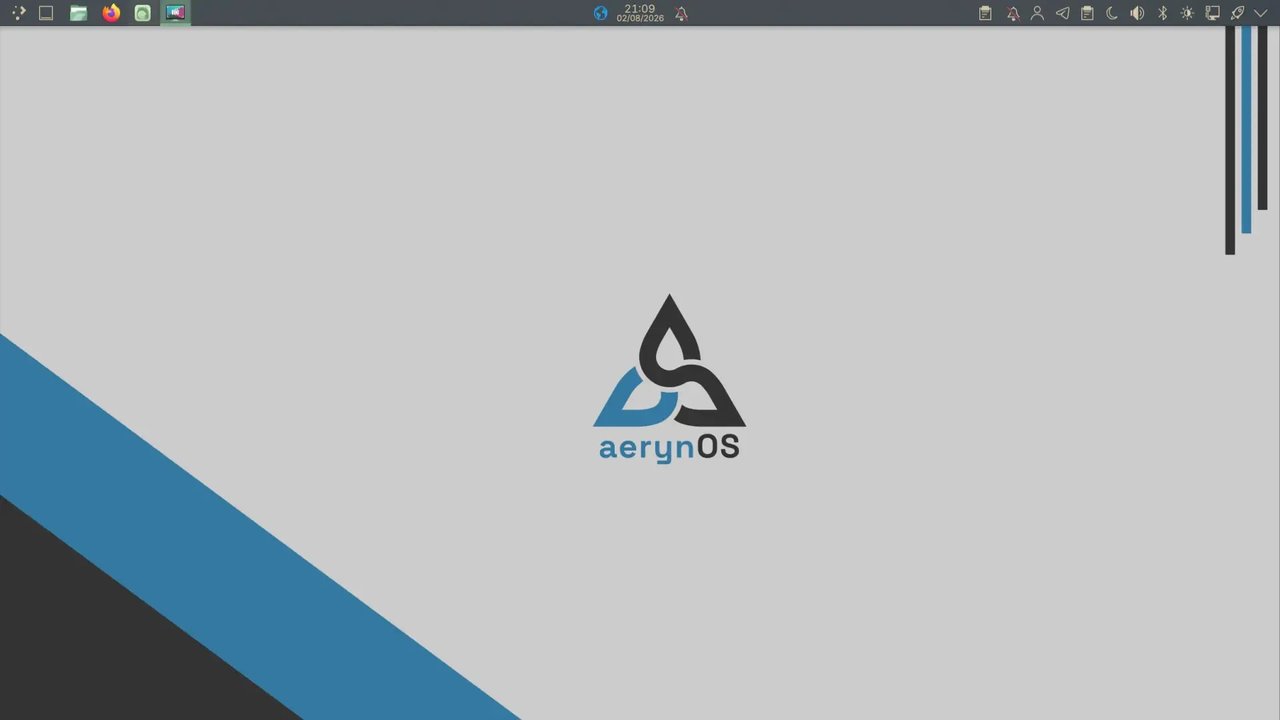 AerynOS 2026.08 desktop AerynOS 品牌桌面:三叶结 logo 居中,顶栏显示 Firefox 与日期 02/08/2026。