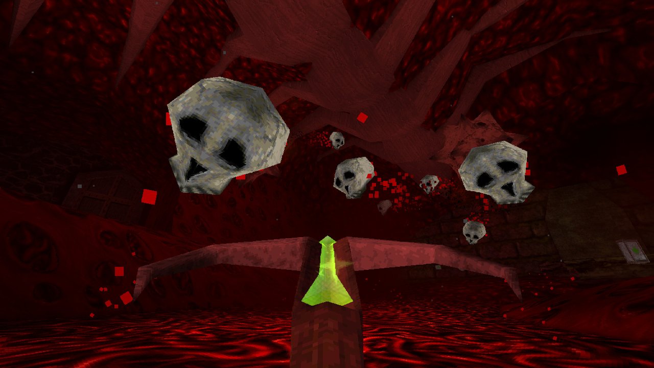 DUSK arena with chainsaw DUSK gameplay in a blood-red arena with the chainsaw weapon equipped