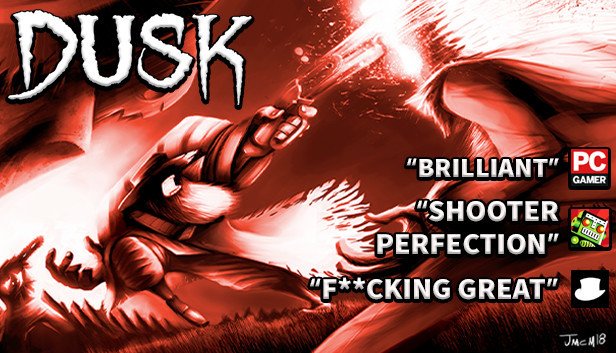 DUSK Steam store hero DUSK on the Steam store page, showing the retro-styled hero artwork by David Szymanski