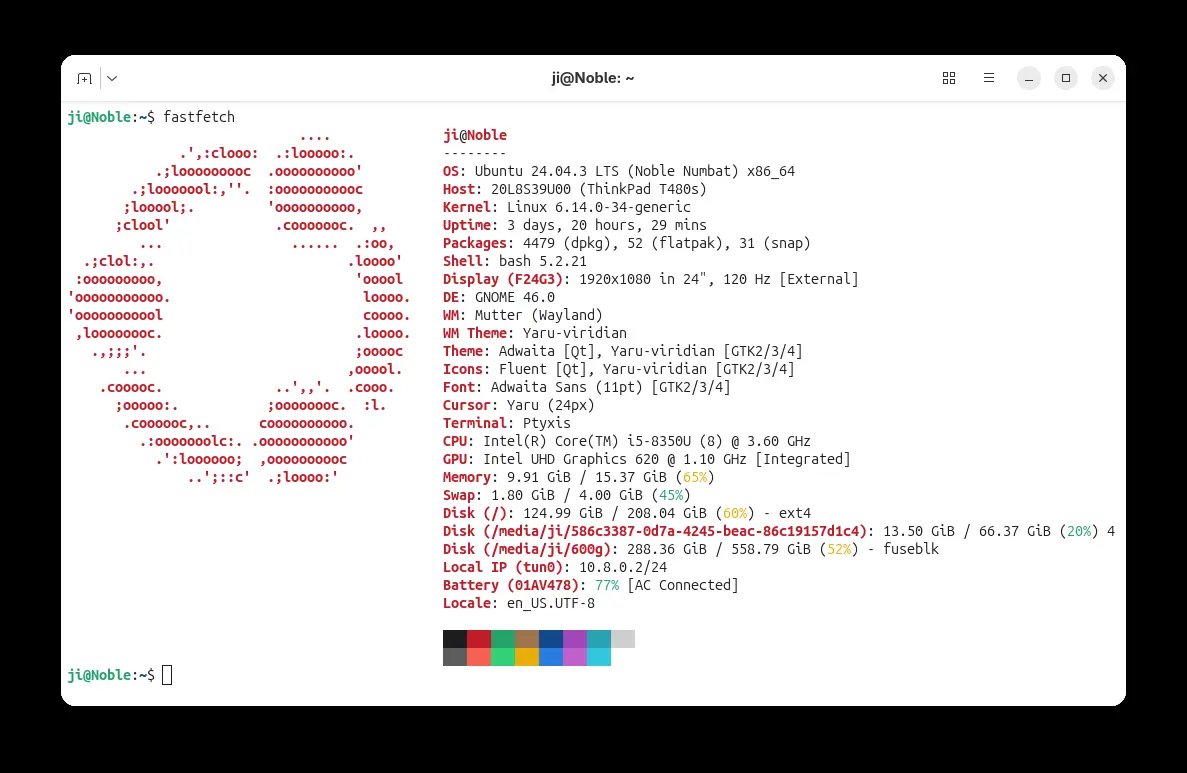 fastfetch in action on Ubuntu 24.04.3 LTS fastfetch terminal output on Ubuntu 24.04.3 LTS showing kernel, CPU, memory, and disk info alongside the Ubuntu ASCII logo