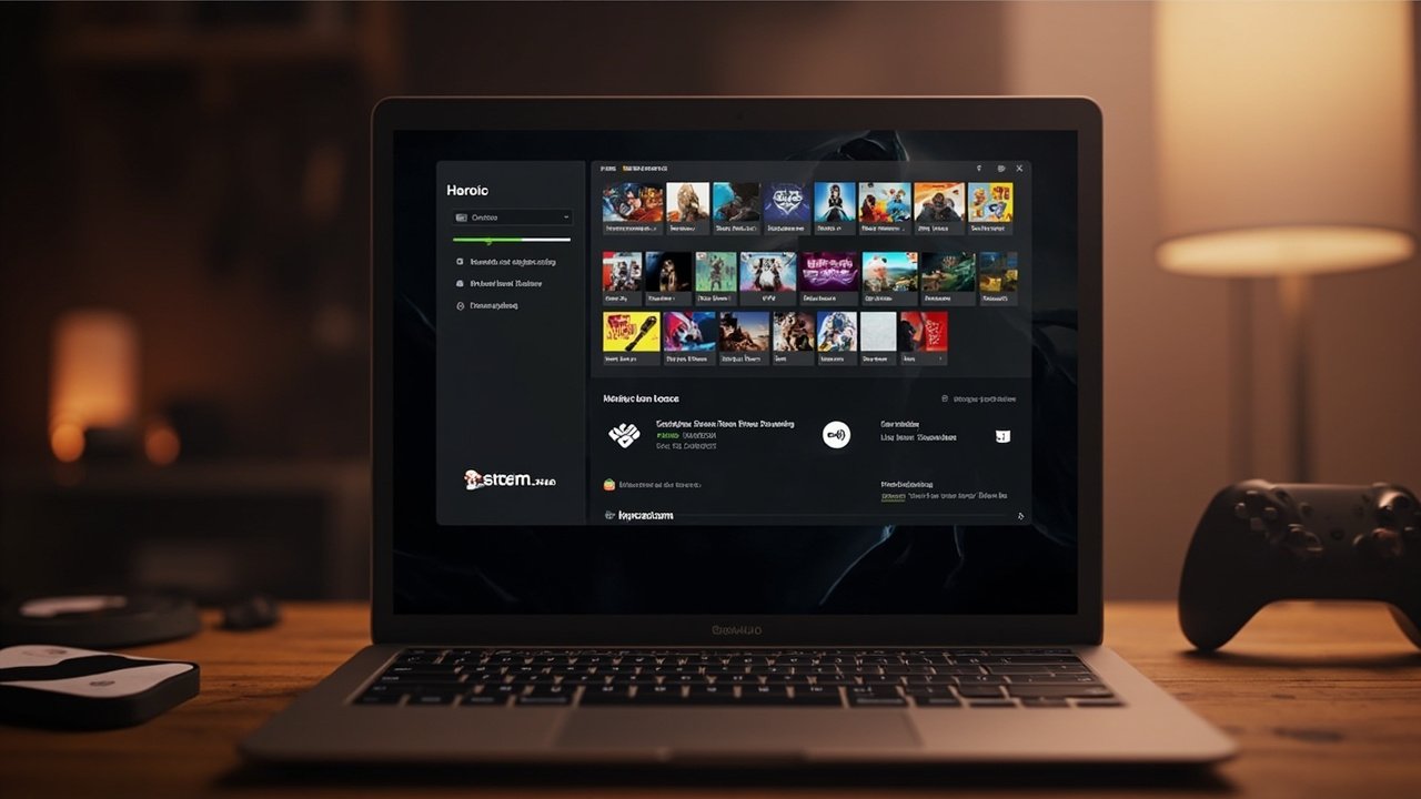 Heroic Games Launcher on a Linux desktop AI 生成的插画(非游戏画面 / 非官方截图)—— 暗色主题的 Heroic 启动器悬浮在木质桌面上,旁边是一台 Steam Deck