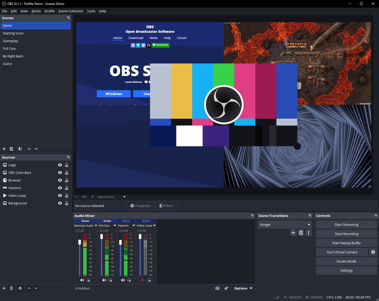 OBS Studio 32.1.1 main interface 官方 OBS Studio 32.1.1 界面,显示场景、源、音频混音器、预览画布和控制面板