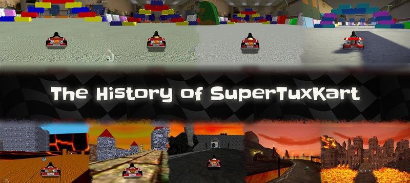SuperTuxKart history page (April 2026) Title card for the SuperTuxKart History page that charts the game's evolution from TuxKart to Evolution.