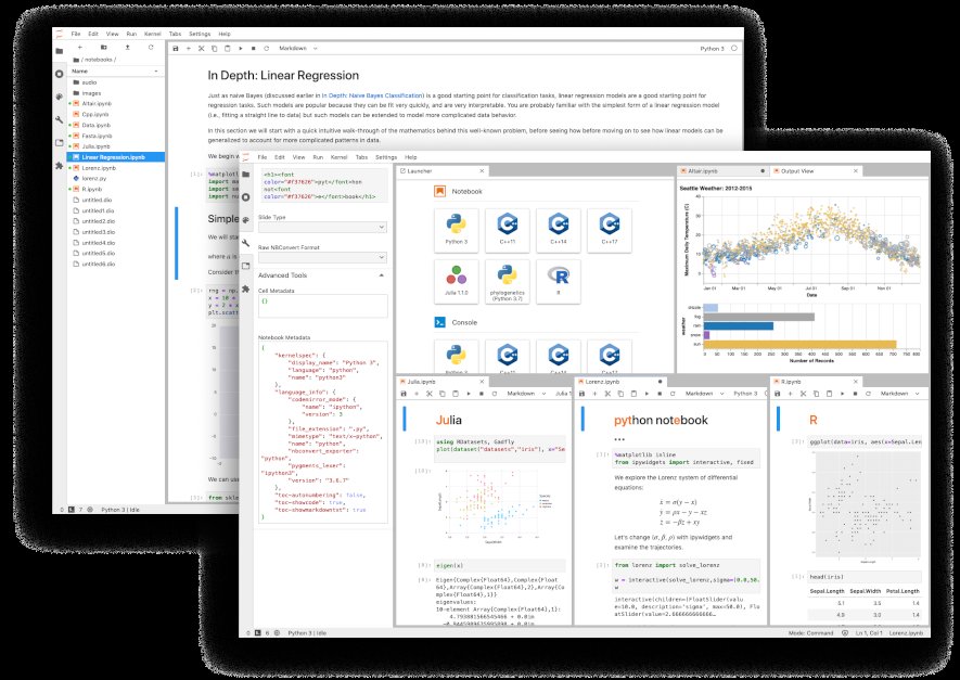 JupyterLab on jupyter.org homepage JupyterLab project homepage preview showing a notebook with Python code, table output and an interactive plot rendered inline