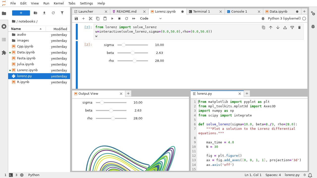 JupyterLab 4.6 official documentation screenshot JupyterLab 4.6 documentation hero screenshot showing three panels: file browser, running kernels and terminals list, and a notebook with code cells