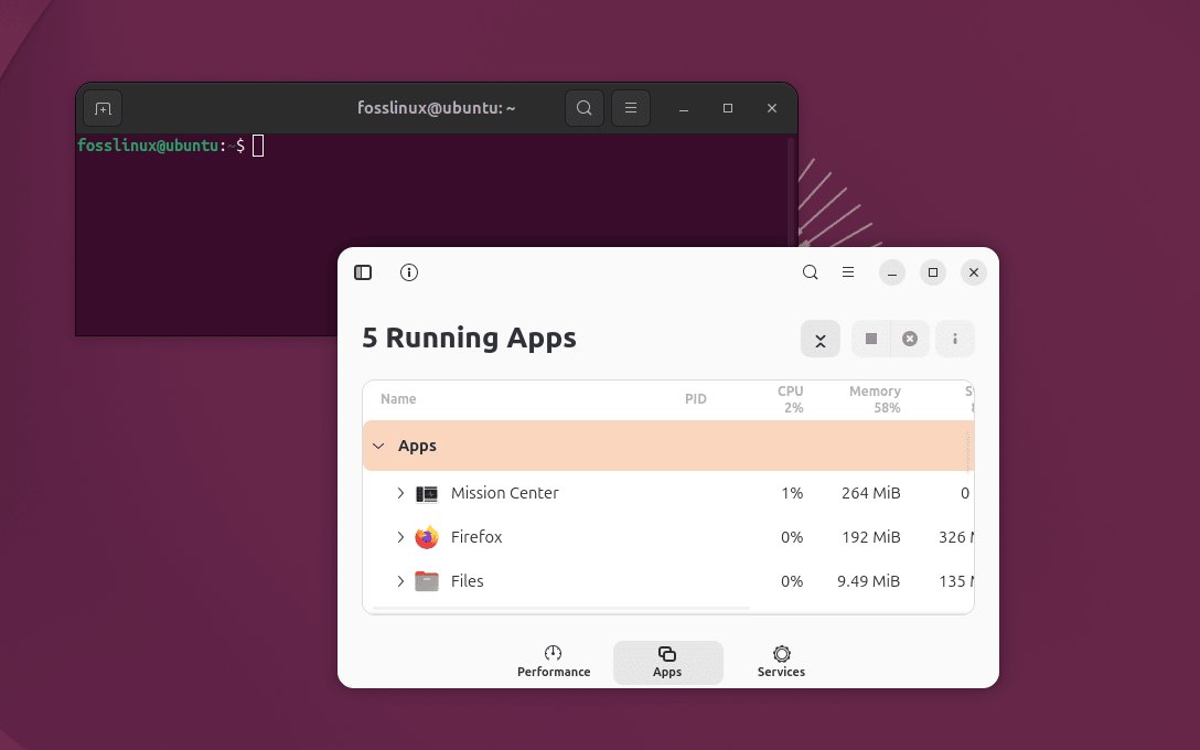 Mission Center Apps breakdown Per-application resource breakdown listing every running process.