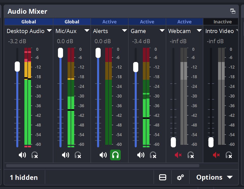 OBS Studio 32 Audio Mixer OBS Studio Audio Mixer panel with six channel strips and dB level meters