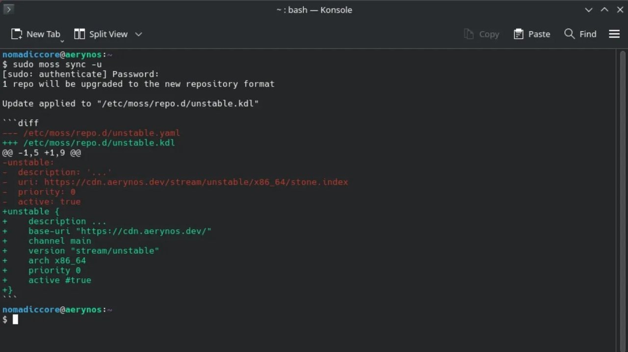 moss sync -u terminal output Konsole 终端运行 sudo moss sync -u,输出 /etc/moss/repo.d/unstable 的 YAML→KDL diff。