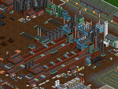 OpenTTD 1.9 游戏画面，AlexTheDacian 玩家建造的铁路网络，可见车站、列车与工业货运系统，呈现经典的运输大亨等距视角。