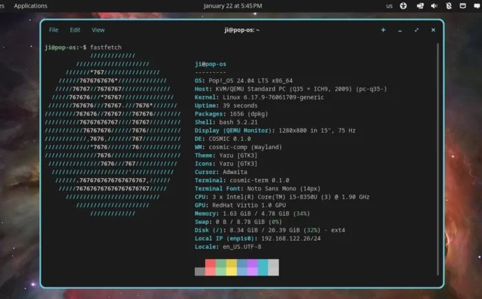 fastfetch 在 Pop!_OS 上运行,左侧显示 Pop!_OS 标志,右侧显示系统信息