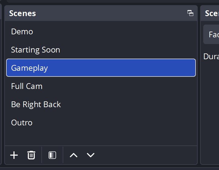 OBS Studio scenes panel OBS Studio scenes panel listing Demo, Starting Soon, Gameplay, Full Cam, Be Right Back, and Outro