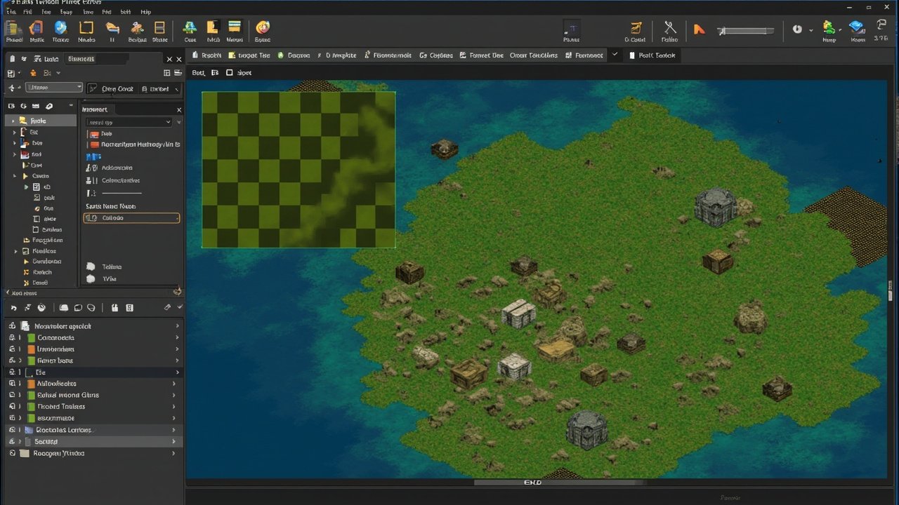Autotile in action AI-generated illustration of an isometric pixel-art tilemap with autotile patterns