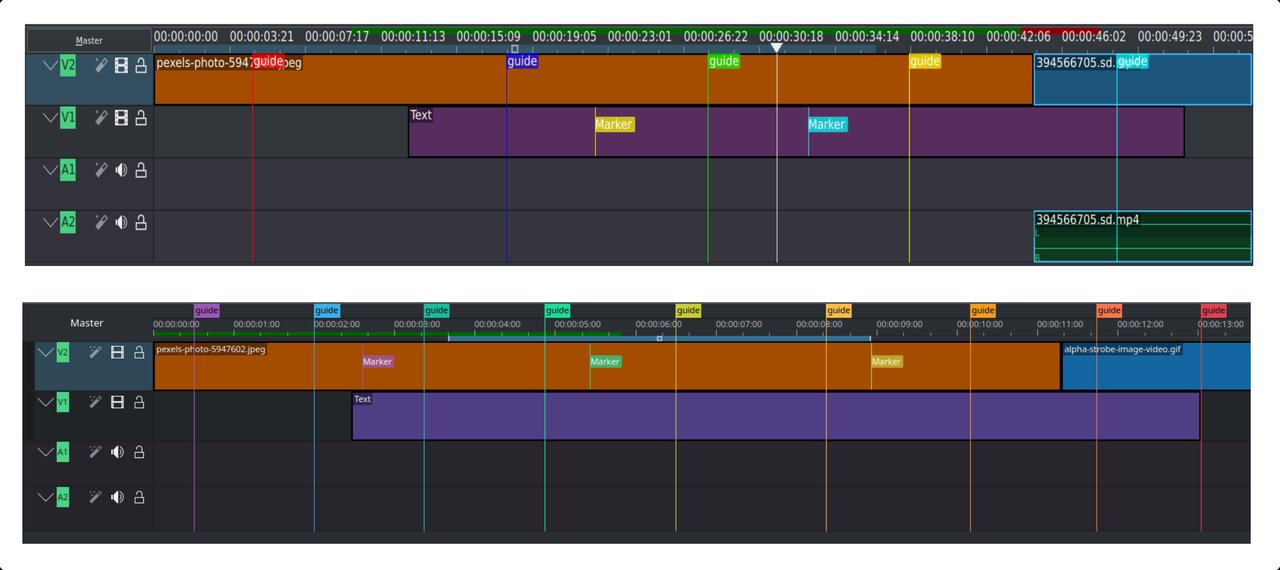 Timeline visual overhaul (before / after) Before/after comparison of the Kdenlive timeline visual overhaul in the 25.08 release, showing new marker and preview bar placement