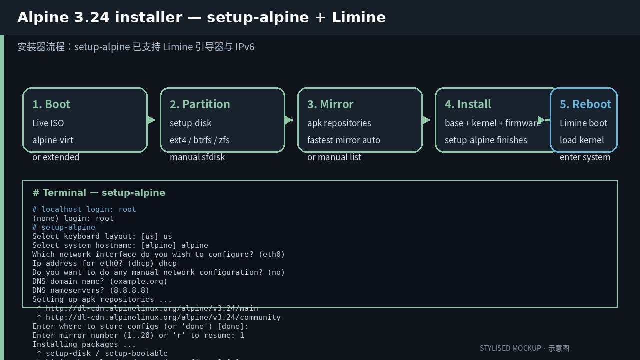 Installer — setup-alpine + Limine Stylised mockup of the setup-alpine installer flow with five stages and a terminal snippet showing Limine boot loader configuration.