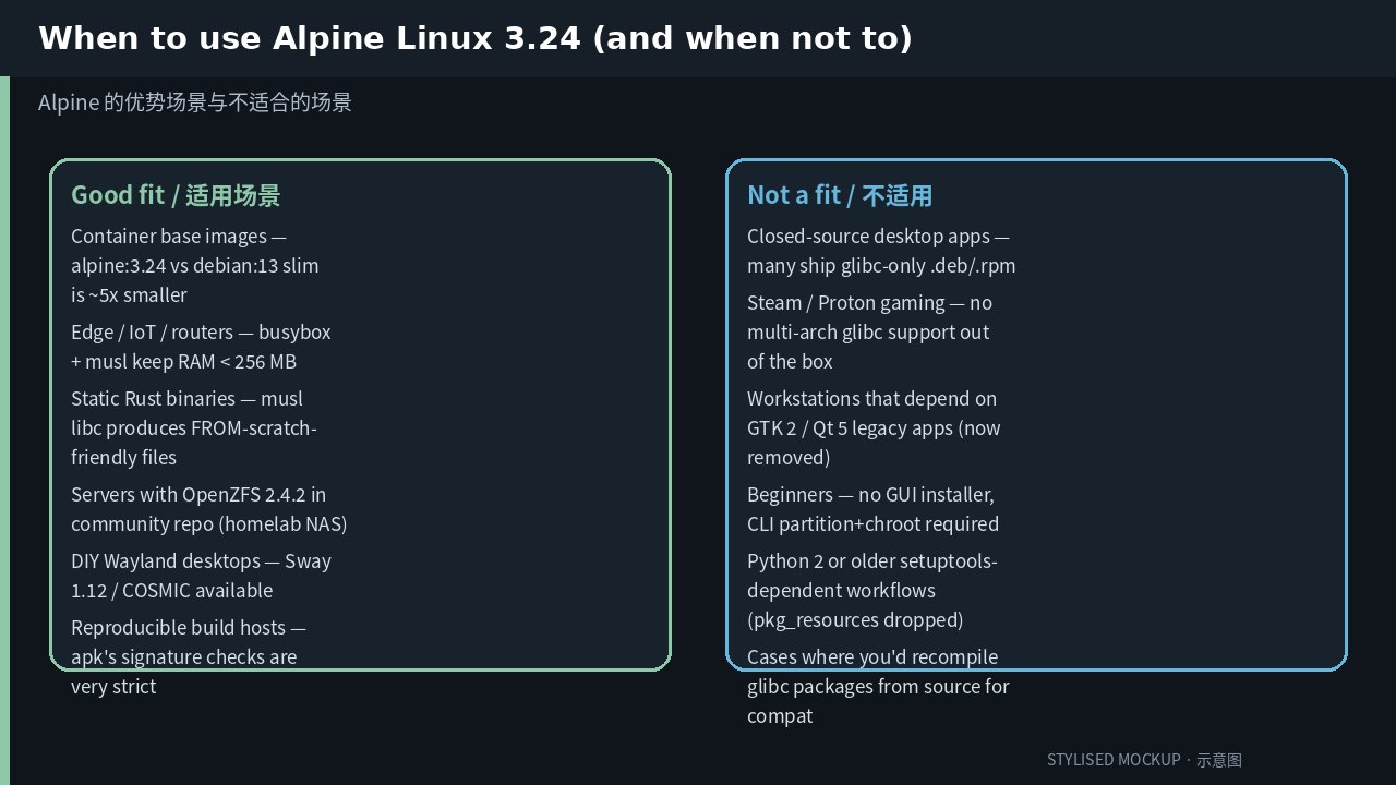 When Alpine fits (and when it doesn't) Stylised mockup comparing when Alpine Linux 3.24 fits (containers, edge/IoT, static Rust binaries, OpenZFS NAS) versus when it does not (closed-source desktop apps, Steam gaming, GTK2/Qt5 legacy, beginners).