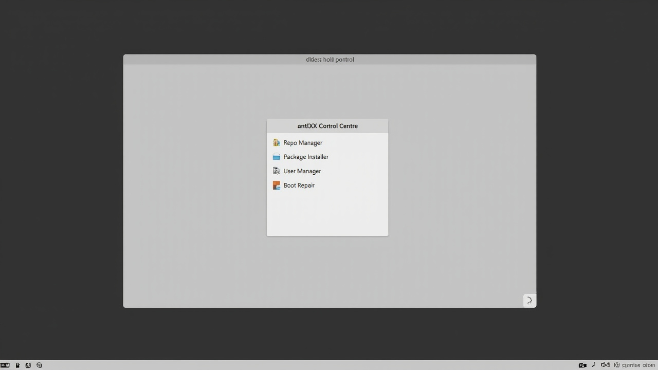 antiX Control Centre AI 生成的 antiX 控制中心窗口插图,侧边栏菜单列出各项系统管理工具
