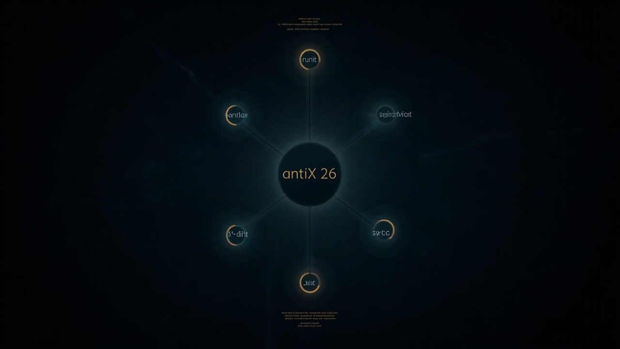 Five init systems in antiX 26 AI 生成的信息图,展示 antiX 26 五种 init 系统 — runit、sysVinit、dinit、s6-rc、s6-66 — 围绕中心节点排列