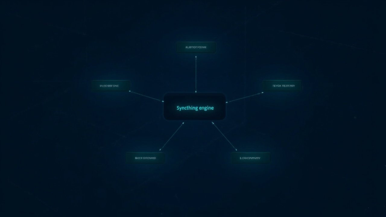 Syncthing architecture overview AI 生成的 Syncthing 2.1 架构示意图(非官方截图):中央引擎块,连接文件夹同步、设备发现、块交换协议三大子系统。
