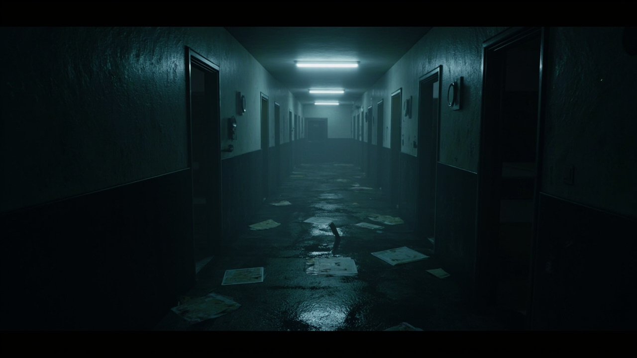 Atmosphere of Project Threshold AI-generated illustration of an abandoned research facility hallway with flickering fluorescent lights
