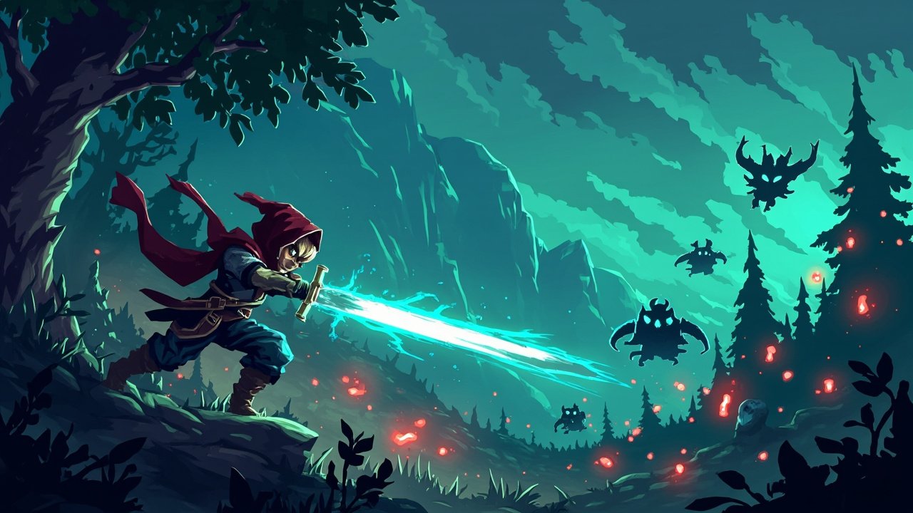 AI-generated illustration of a hooded warrior mid-combo against shadow invaders — not an official Divinum screenshot