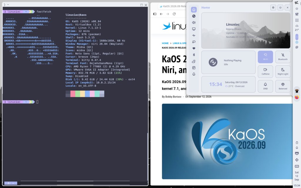 KaOS 2026.09 desktop running in VirtualBox: fastfetch terminal output showing Linux kernel 7.1.13, niri 26.04 Wayland compositor, and KaOS 2026 metadata.
