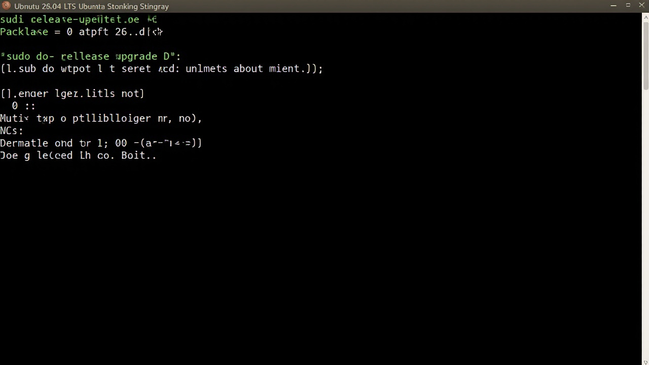 do-release-upgrade -d AI 生成的终端截图 — 非真实截图。在 Ubuntu 26.04 LTS 上跑 sudo do-release-upgrade -d 升级到 Ubuntu 26.10,带 apt 包下载进度条